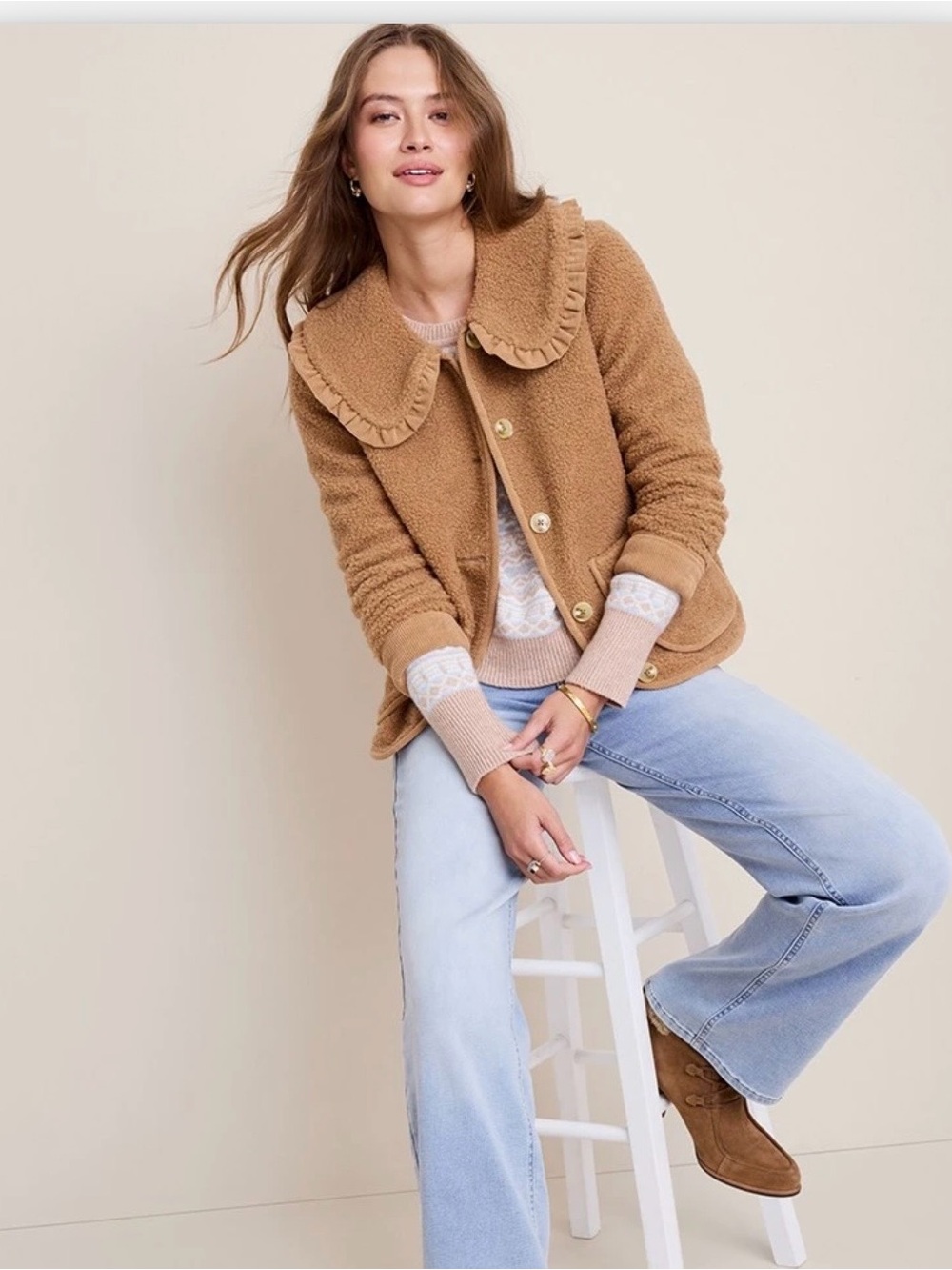 Stoosh Camel Teddy Jacket with Ruffle Collar